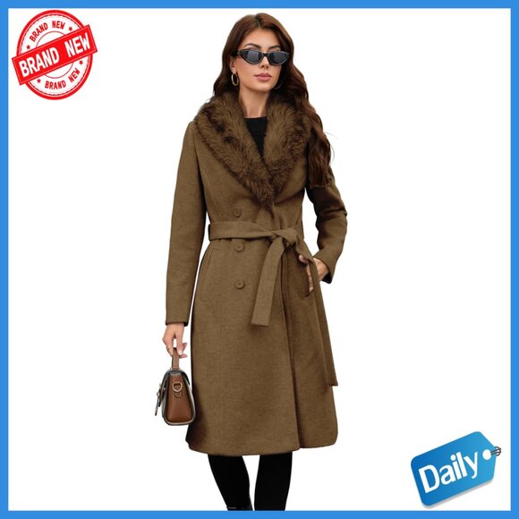 Long Wool Trench Coat with Detachable Faux Fur Collar Belted